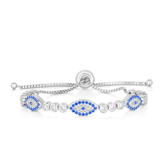 Sterling Silver CZ Evil Eye Station Friendship Bracelet