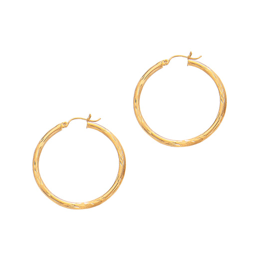 14K Yellow Gold 3mm Diamond Cut & Polished Design Hoop Earring