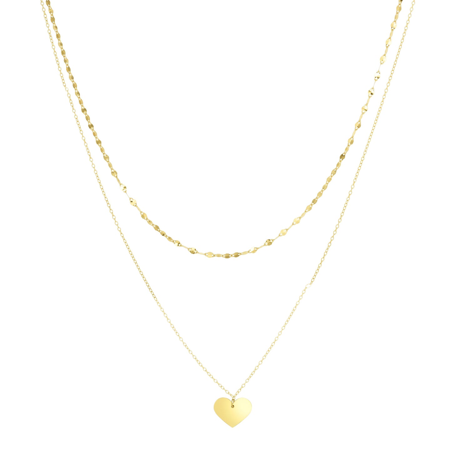 14K Gold Polished Heart & Mirror Chain MultiStrand Necklace