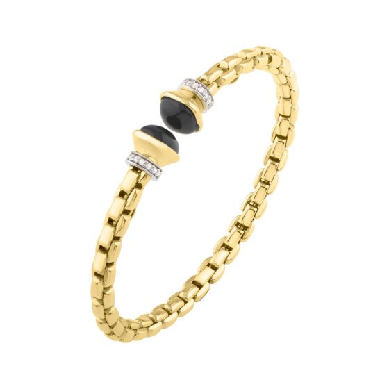 14K Gold Diamond Venetian Link Bangle with Black Onyx