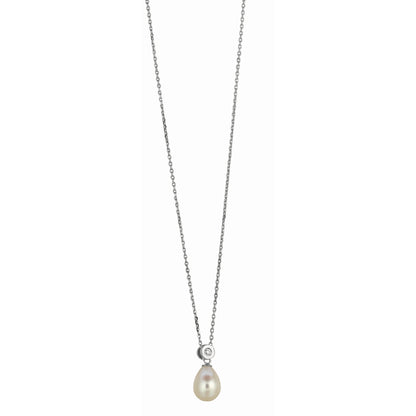 Silver Freshwater Pearl and Bezel Set CZ Necklace