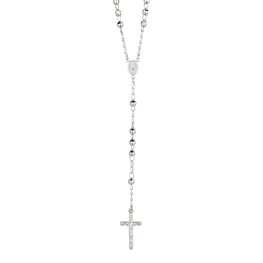Silver Diamond Cut Large Bead Rosary Necklace