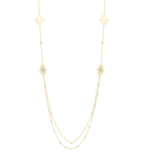14K 30" Long Hamsa Stationed Necklace