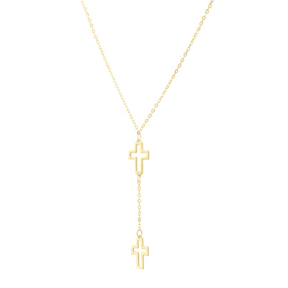 14K Double Cross Drop Necklace
