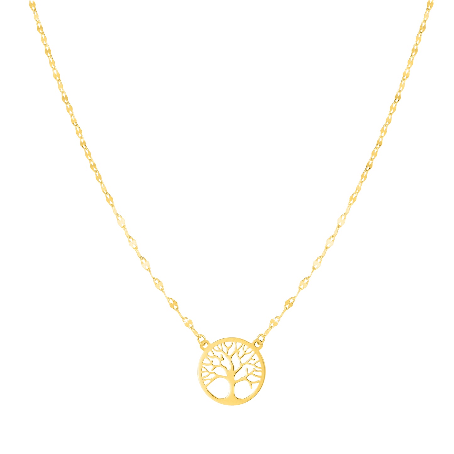 14K Gold Tree of Life on Mirror Chain Necklace