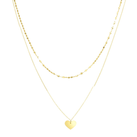 14K Gold Polished Heart & Mirror Chain MultiStrand Necklace