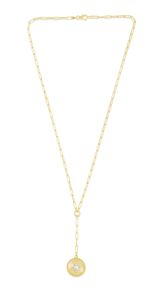 14K Gold Star Twotone Medallion Lariat Necklace